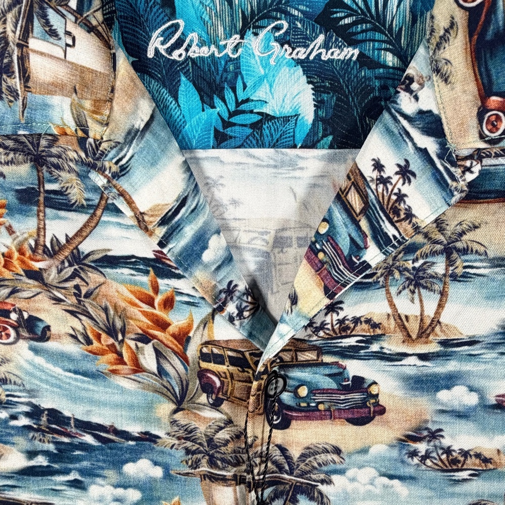 Robert Graham Men’s L Classic Fit Shirt Vintage Surf Cars Hawaiian Print NWT